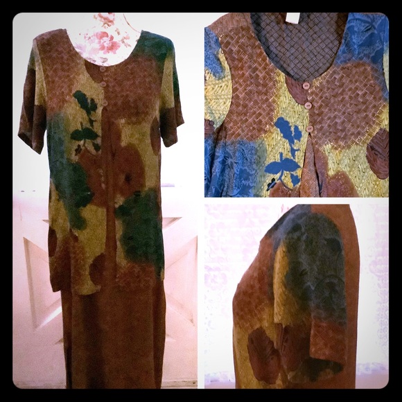 VTG “Caribou” 🍁 Rustic Print Overlay Duster Faux 2 Pc Maxi Dress - Picture 6 of 8